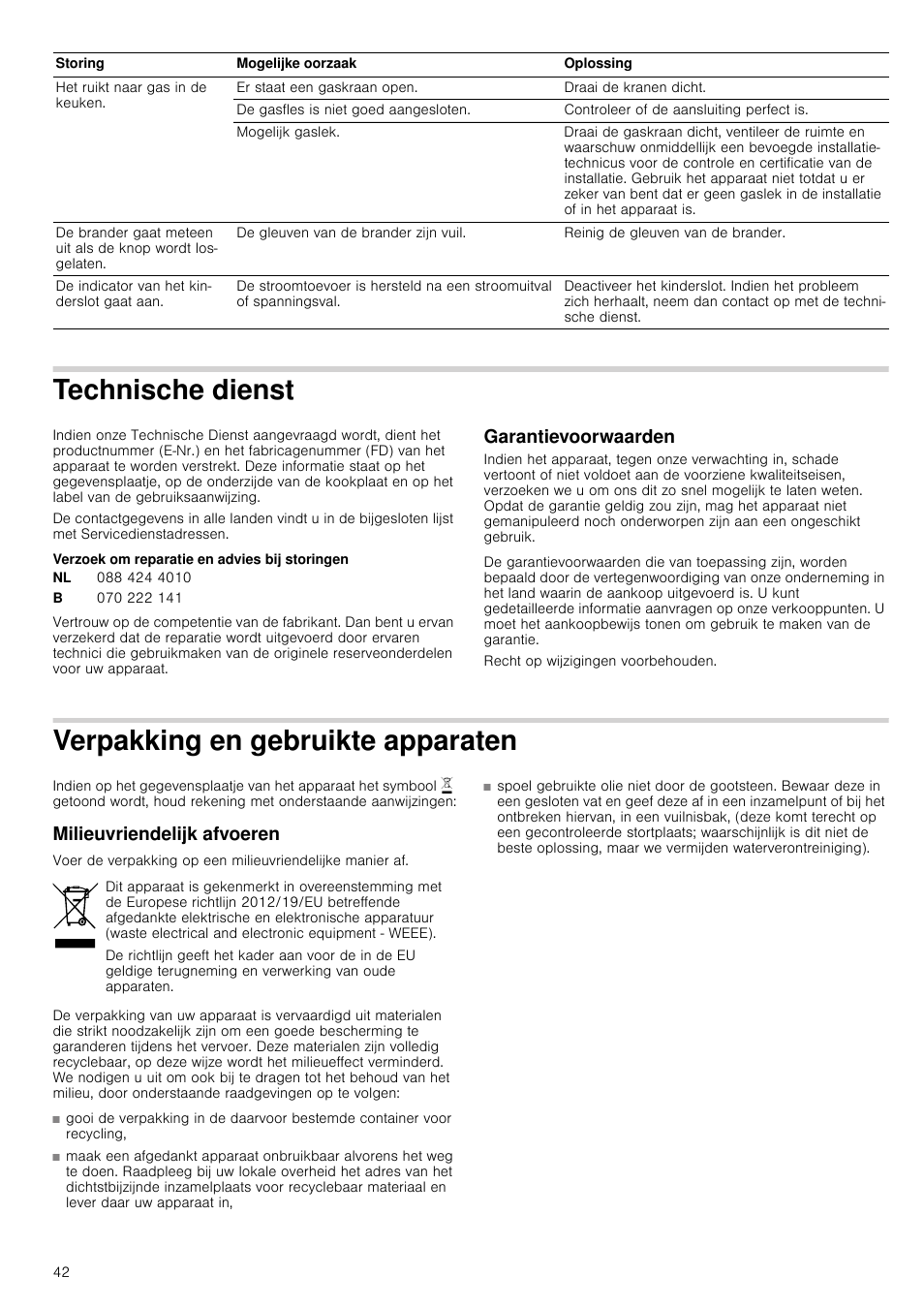 Technische dienst, Verzoek om reparatie en advies bij storingen, Garantievoorwaarden | Verpakking en gebruikte apparaten, Milieuvriendelijk afvoeren, Chnische dienst | Bosch PRR726F71E Gas-Kochstelle Glaskeramik 70 cm User Manual | Page 42 / 59