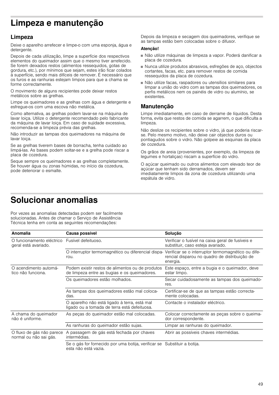 Limpeza e manutenção, Limpeza, Atenção | Manutenção, Solucionar anomalias | Bosch PRR726F71E Gas-Kochstelle Glaskeramik 70 cm User Manual | Page 49 / 59