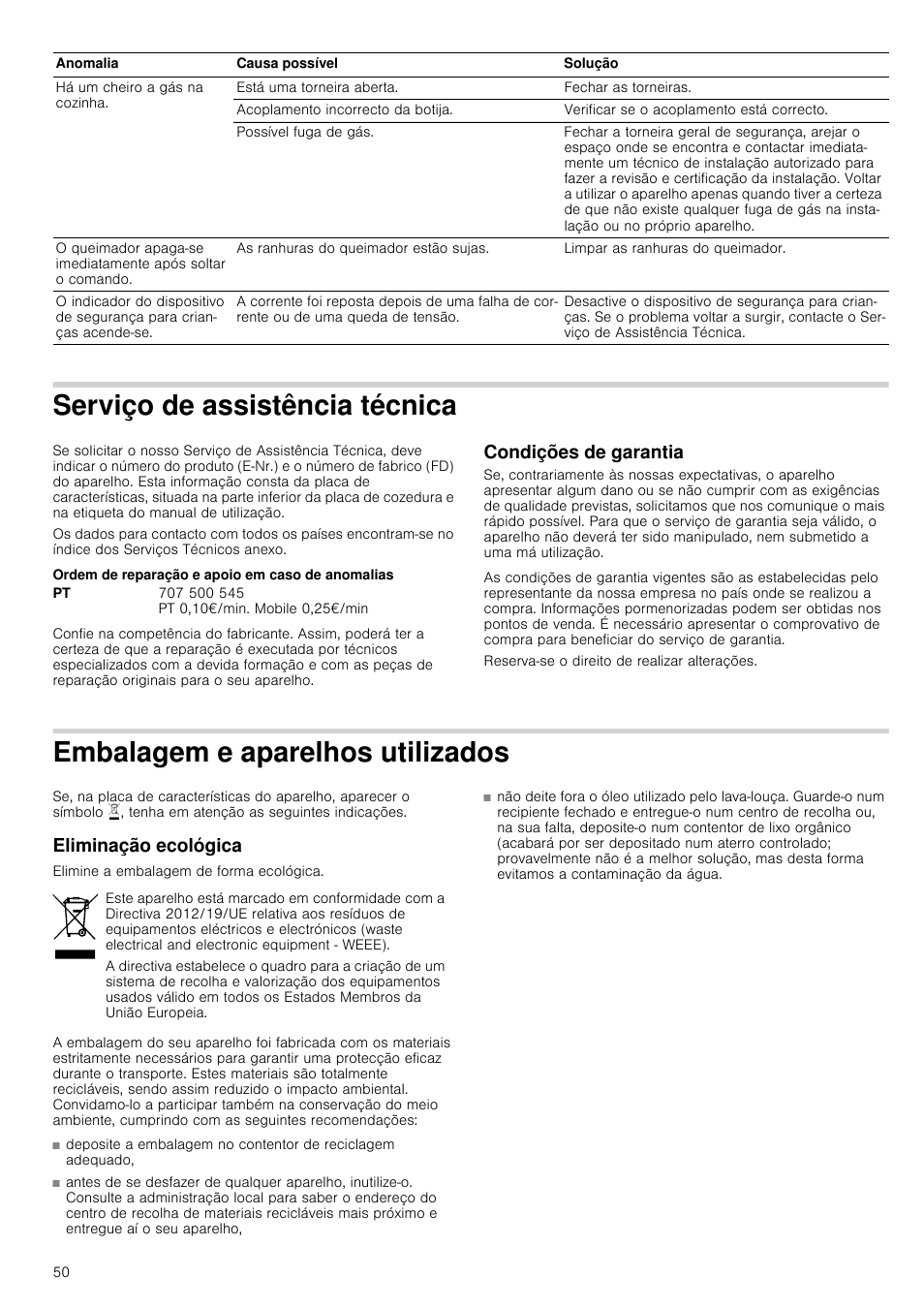 Serviço de assistência técnica, Ordem de reparação e apoio em caso de anomalias, Condições de garantia | Embalagem e aparelhos utilizados, Eliminação ecológica | Bosch PRR726F71E Gas-Kochstelle Glaskeramik 70 cm User Manual | Page 50 / 59