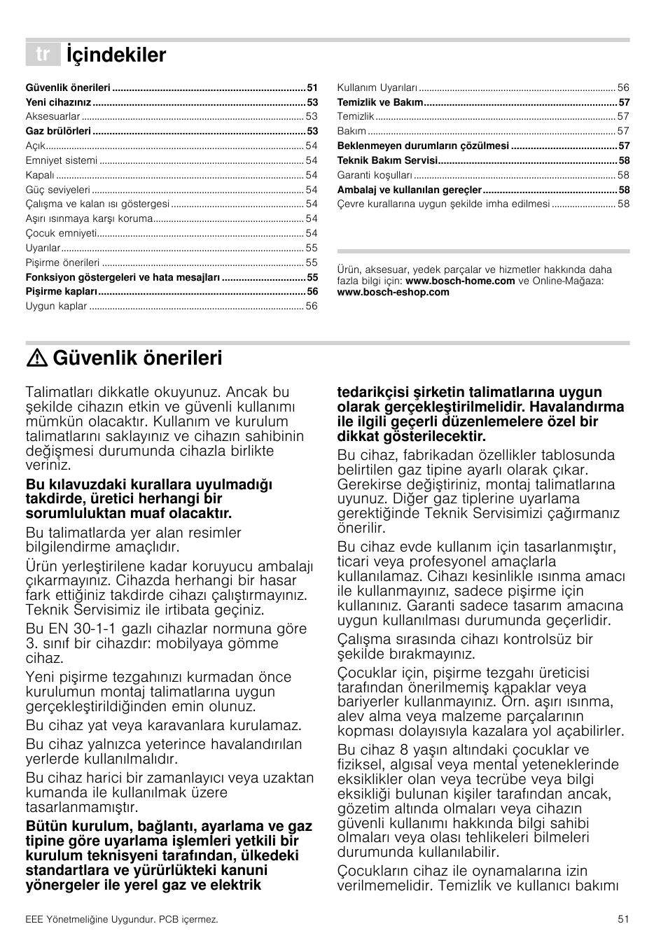 Ô içindekiler[tr] kullanma kιlavuzu, Güvenlik önerileri, Bu cihaz yat veya karavanlara kurulamaz | Vuzu, Içindekiler | Bosch PRR726F71E Gas-Kochstelle Glaskeramik 70 cm User Manual | Page 51 / 59