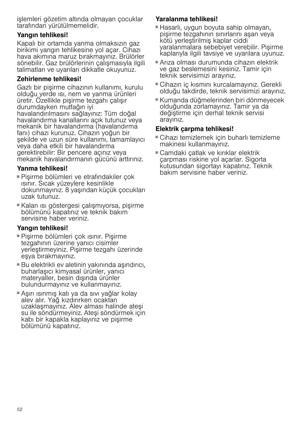 Yangın tehlikesi, Zehirlenme tehlikesi, Yanma tehlikesi | Yaralanma tehlikesi, Elektrik çarpma tehlikesi | Bosch PRR726F71E Gas-Kochstelle Glaskeramik 70 cm User Manual | Page 52 / 59