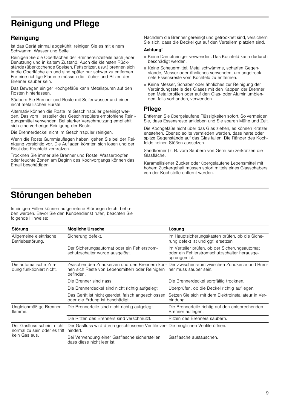 Reinigung und pflege, Reinigung, Achtung | Pflege, Störungen beheben, E reinigung pflege, En beheben | Bosch PRR726F71E Gas-Kochstelle Glaskeramik 70 cm User Manual | Page 9 / 59