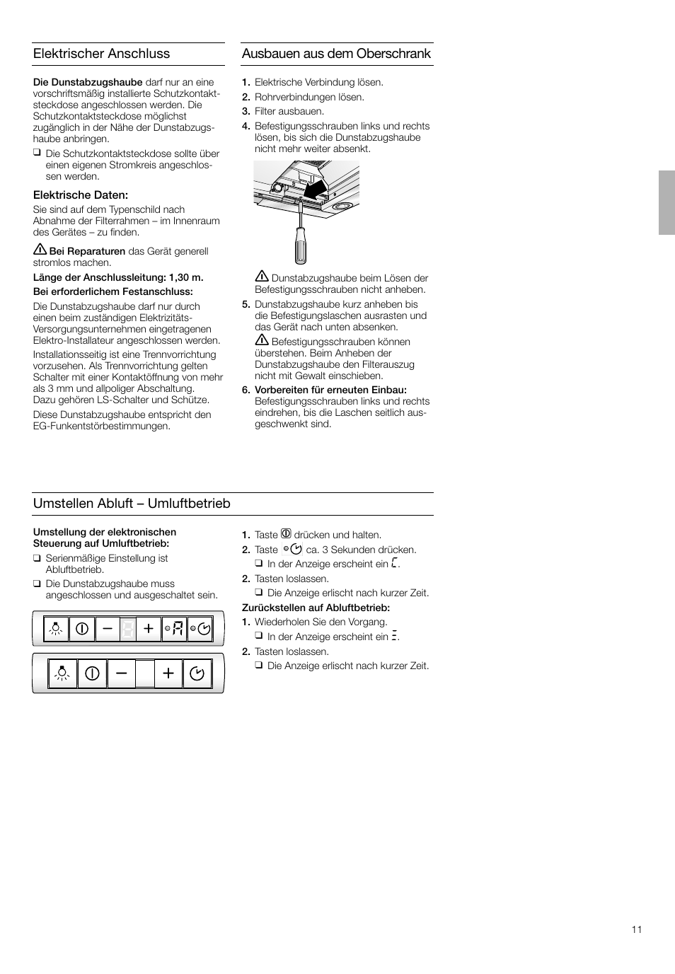 Elektrischer anschluss, Ausbauen aus dem oberschrank, Umstellen abluft – umluftbetrieb | Bosch DHI665V grau-metallic Flachschirmhaube 60 cm User Manual | Page 11 / 68