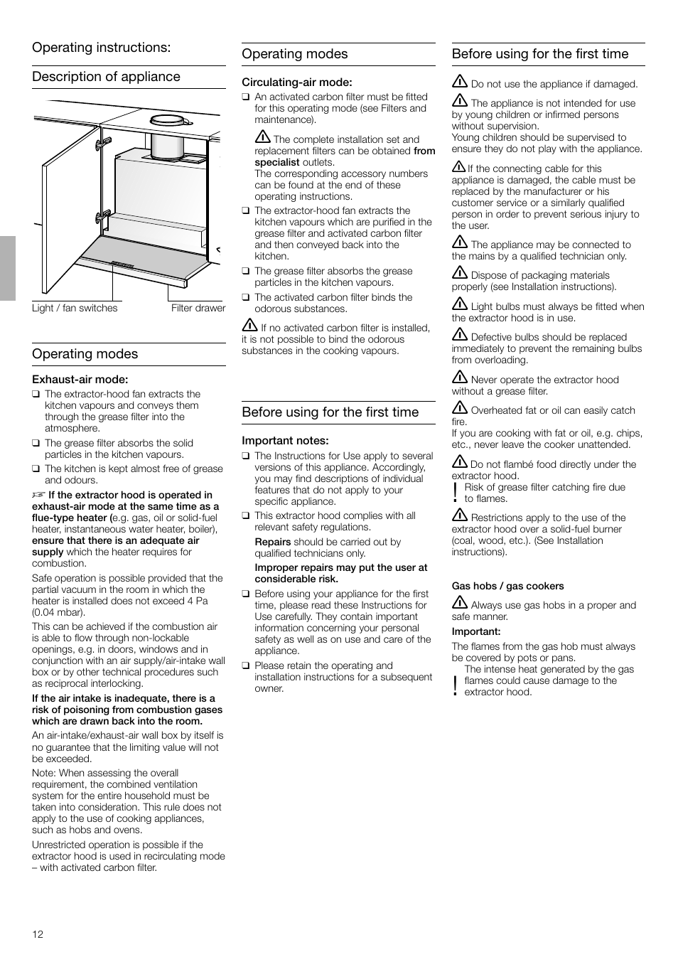 Operating modes, Before using for the first time | Bosch DHI665V grau-metallic Flachschirmhaube 60 cm User Manual | Page 12 / 68