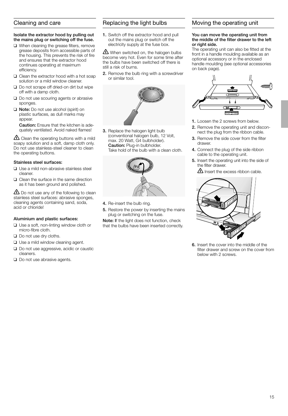 Cleaning and care, Replacing the light bulbs, Moving the operating unit | Bosch DHI665V grau-metallic Flachschirmhaube 60 cm User Manual | Page 15 / 68