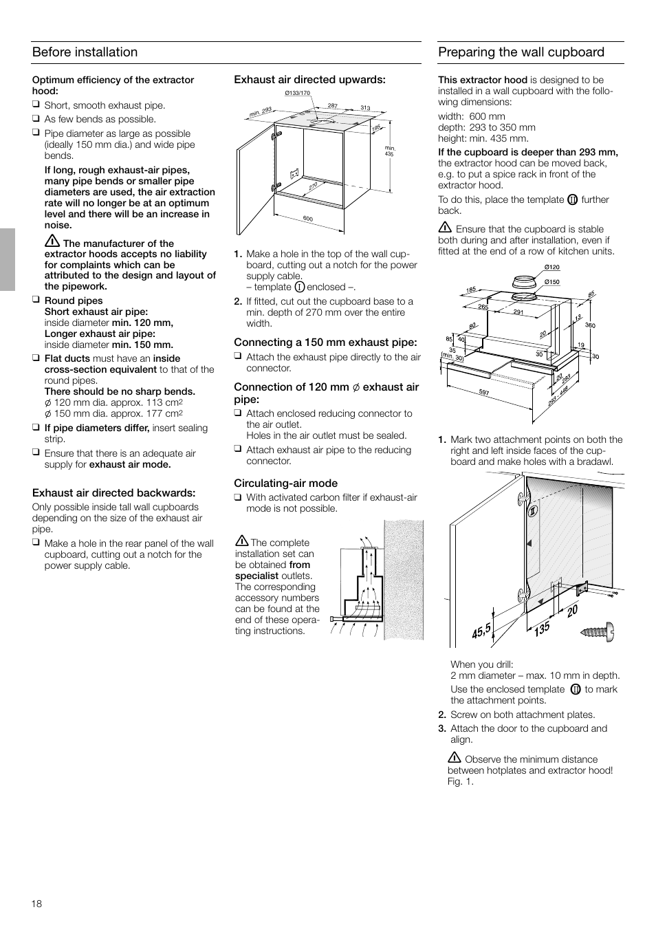 Before installation, Preparing the wall cupboard | Bosch DHI665V grau-metallic Flachschirmhaube 60 cm User Manual | Page 18 / 68