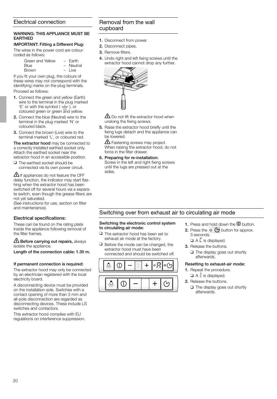 Electrical connection, Removal from the wall cupboard | Bosch DHI665V grau-metallic Flachschirmhaube 60 cm User Manual | Page 20 / 68