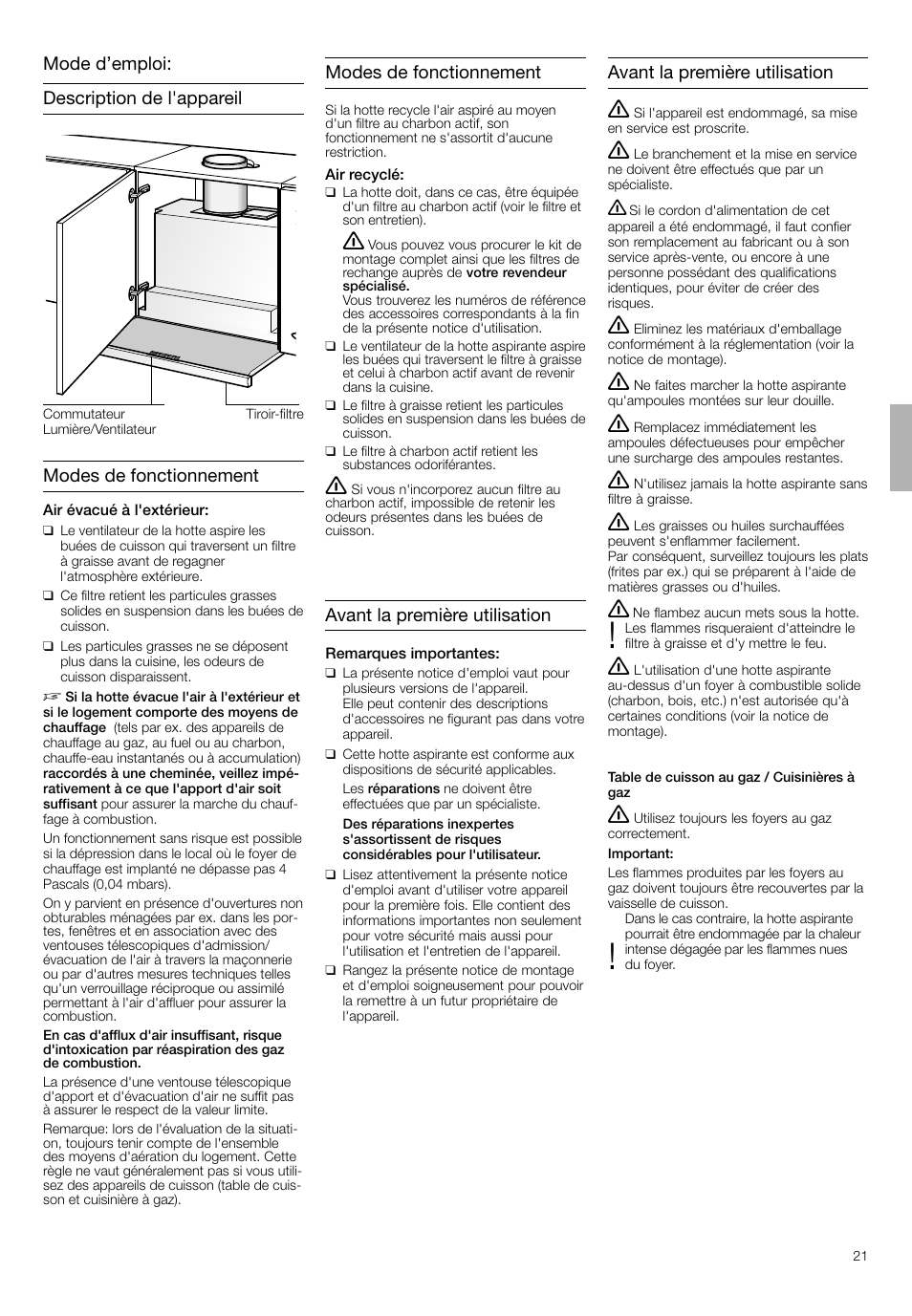 Modes de fonctionnement, Avant la première utilisation | Bosch DHI665V grau-metallic Flachschirmhaube 60 cm User Manual | Page 21 / 68