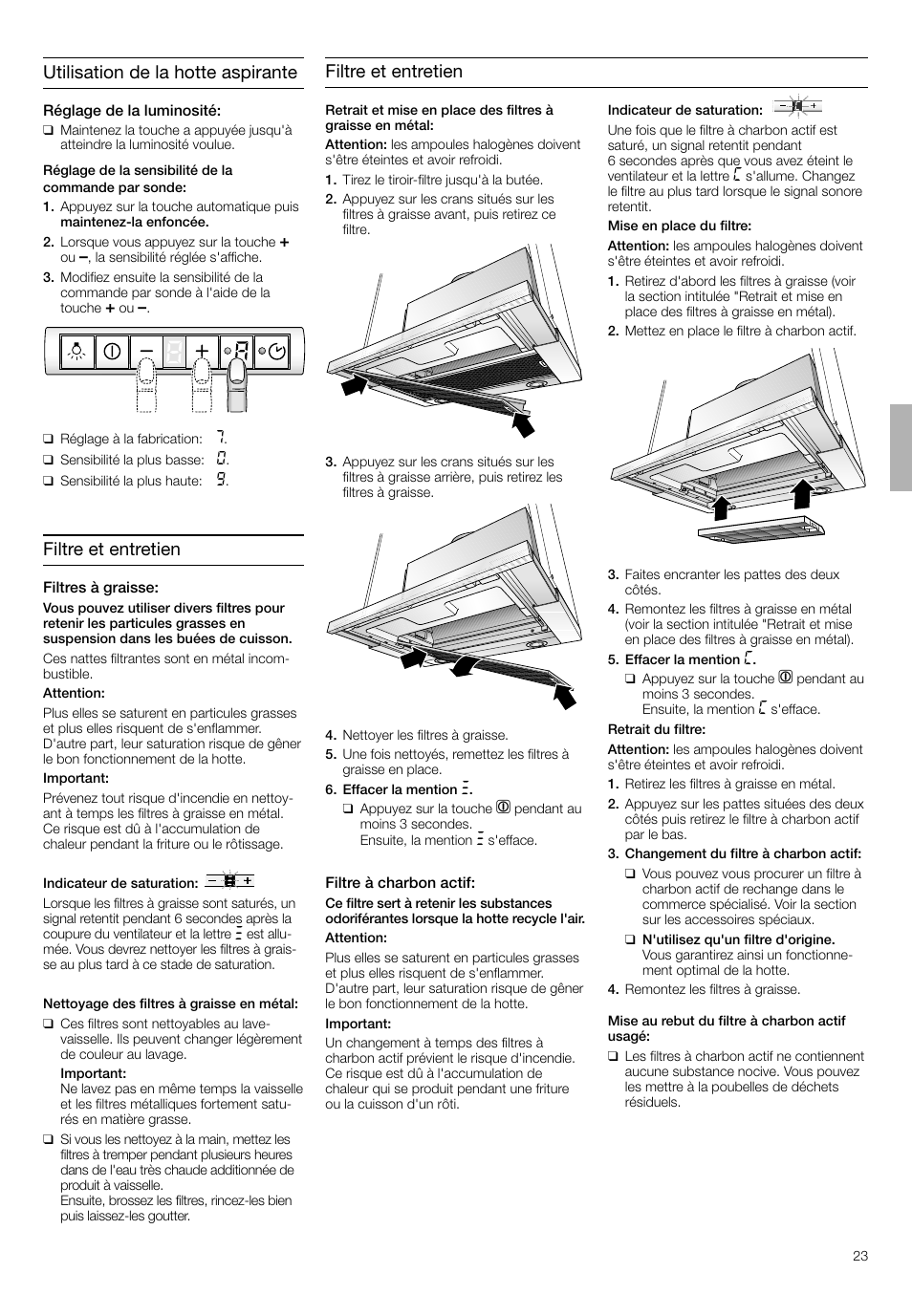 Utilisation de la hotte aspirante, Filtre et entretien | Bosch DHI665V grau-metallic Flachschirmhaube 60 cm User Manual | Page 23 / 68