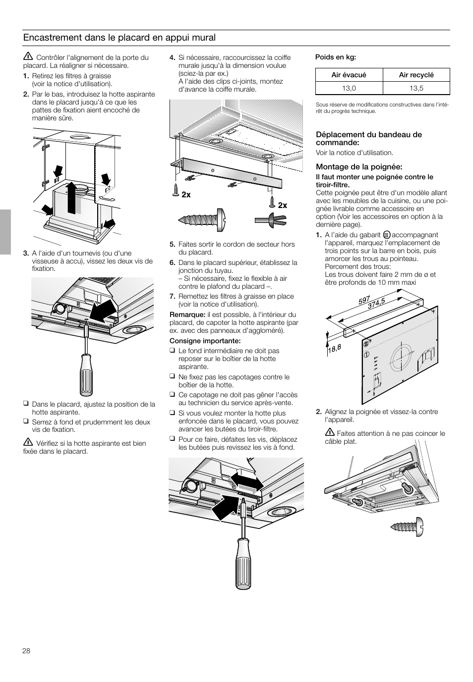 Encastrement dans le placard en appui mural | Bosch DHI665V grau-metallic Flachschirmhaube 60 cm User Manual | Page 28 / 68