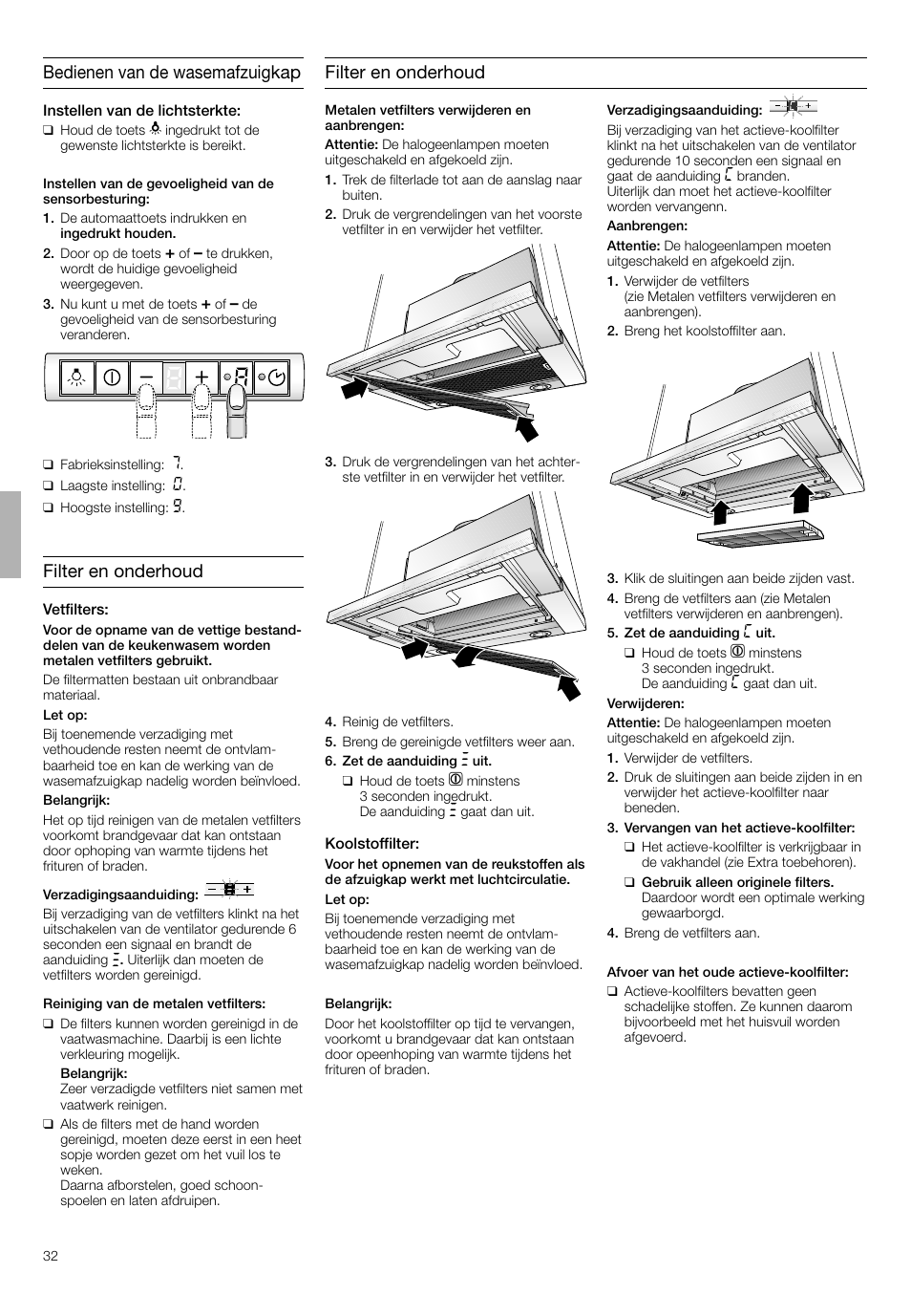 Bedienen van de wasemafzuigkap, Filter en onderhoud | Bosch DHI665V grau-metallic Flachschirmhaube 60 cm User Manual | Page 32 / 68