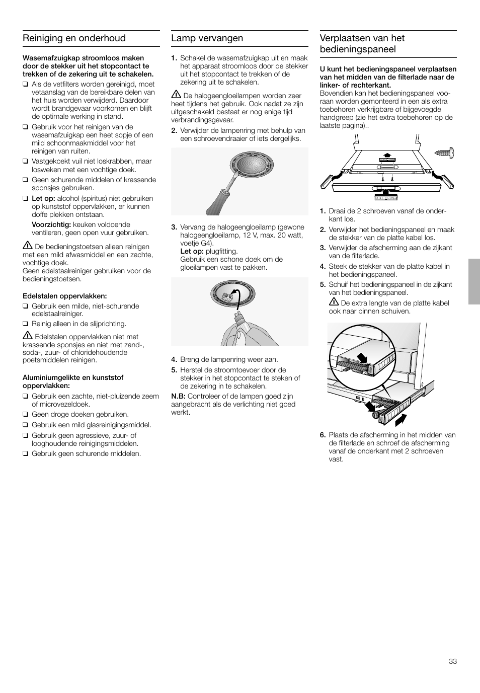 Reiniging en onderhoud, Lamp vervangen, Verplaatsen van het bedieningspaneel | Bosch DHI665V grau-metallic Flachschirmhaube 60 cm User Manual | Page 33 / 68