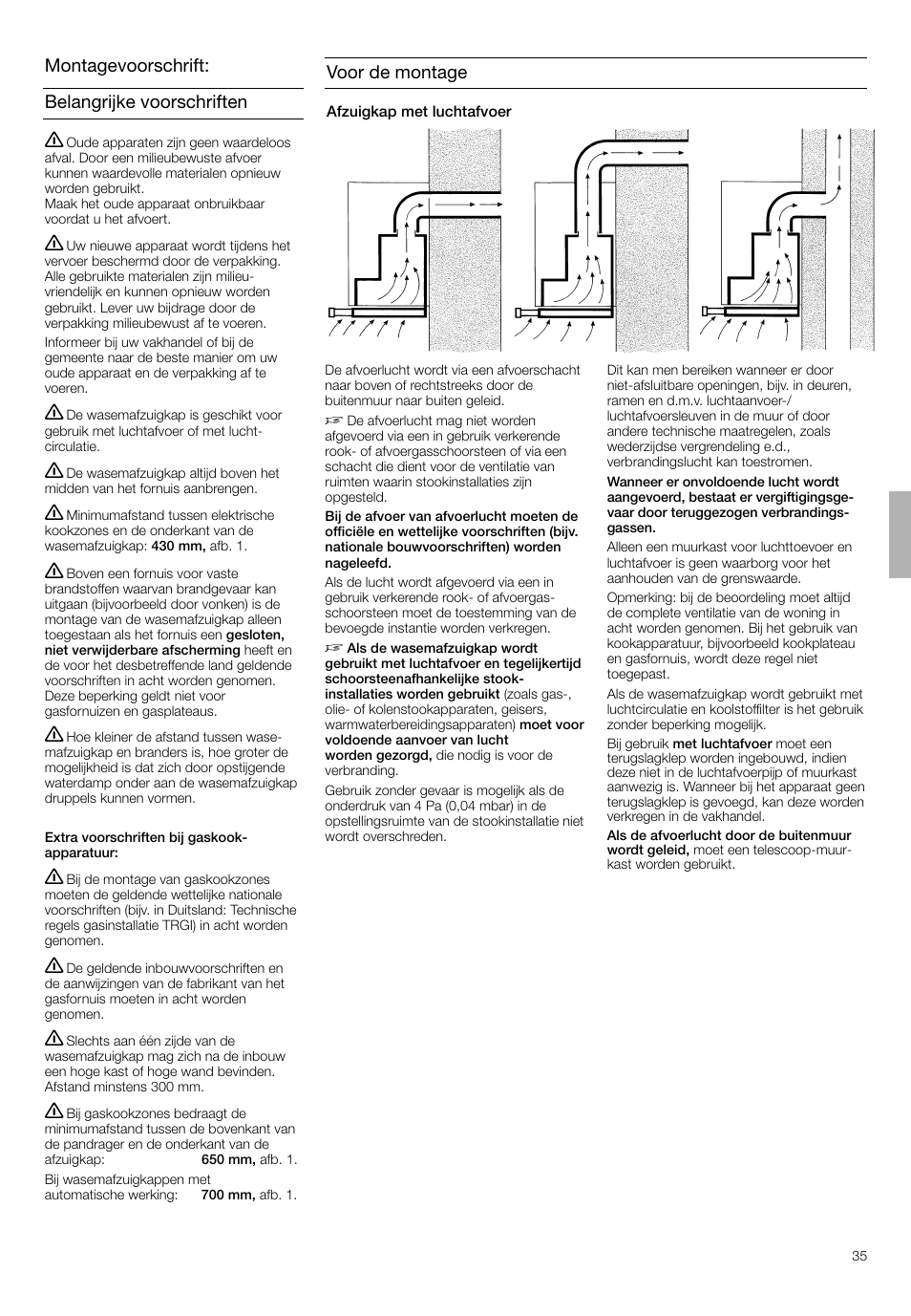 Belangrijke voorschriften montagevoorschrift, Voor de montage | Bosch DHI665V grau-metallic Flachschirmhaube 60 cm User Manual | Page 35 / 68