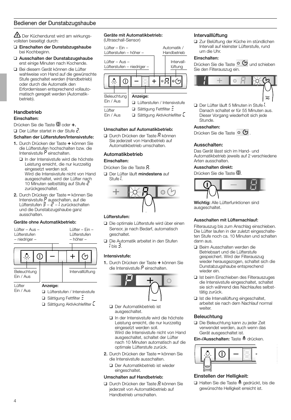 Bedienen der dunstabzugshaube | Bosch DHI665V grau-metallic Flachschirmhaube 60 cm User Manual | Page 4 / 68