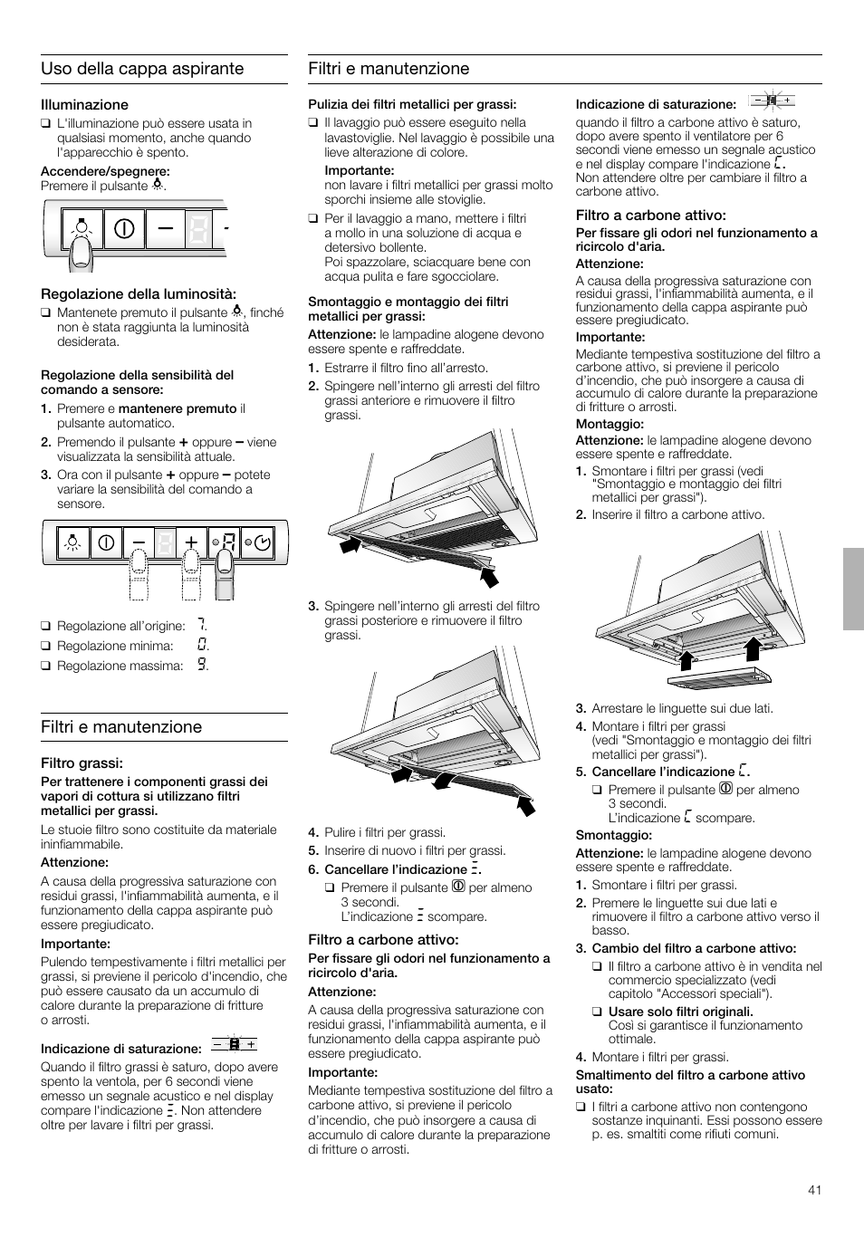 Uso della cappa aspirante, Filtri e manutenzione | Bosch DHI665V grau-metallic Flachschirmhaube 60 cm User Manual | Page 41 / 68