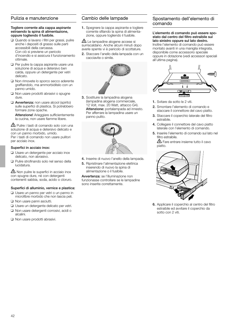 Pulizia e manutenzione, Cambio delle lampade, Spostamento dell’elemento di comando | Bosch DHI665V grau-metallic Flachschirmhaube 60 cm User Manual | Page 42 / 68