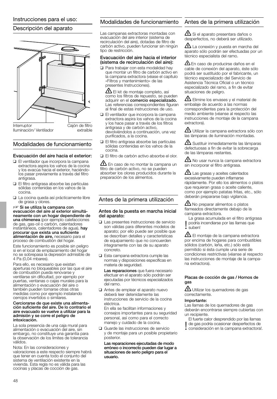 Modalidades de funcionamiento, Antes de la primera utilización | Bosch DHI665V grau-metallic Flachschirmhaube 60 cm User Manual | Page 48 / 68