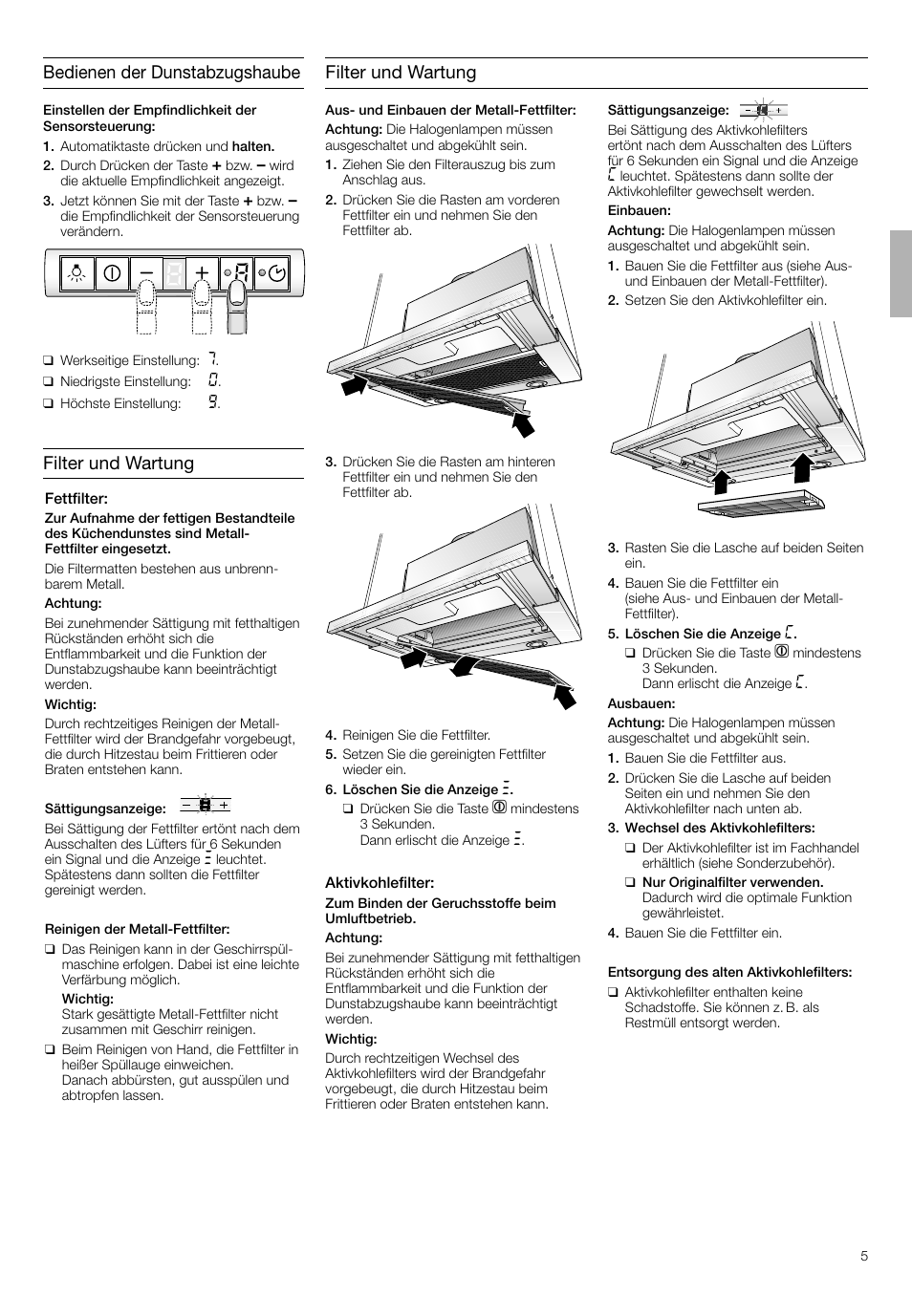 Bedienen der dunstabzugshaube filter und wartung, Filter und wartung | Bosch DHI665V grau-metallic Flachschirmhaube 60 cm User Manual | Page 5 / 68