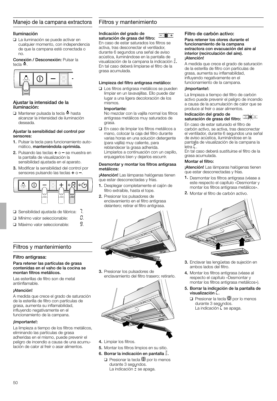 Filtros y mantenimiento | Bosch DHI665V grau-metallic Flachschirmhaube 60 cm User Manual | Page 50 / 68