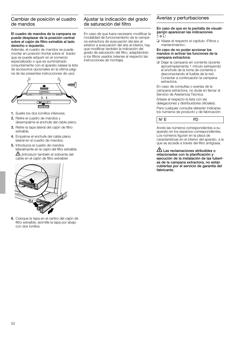 Cambiar de posición el cuadro de mandos, Averías y perturbaciones | Bosch DHI665V grau-metallic Flachschirmhaube 60 cm User Manual | Page 52 / 68