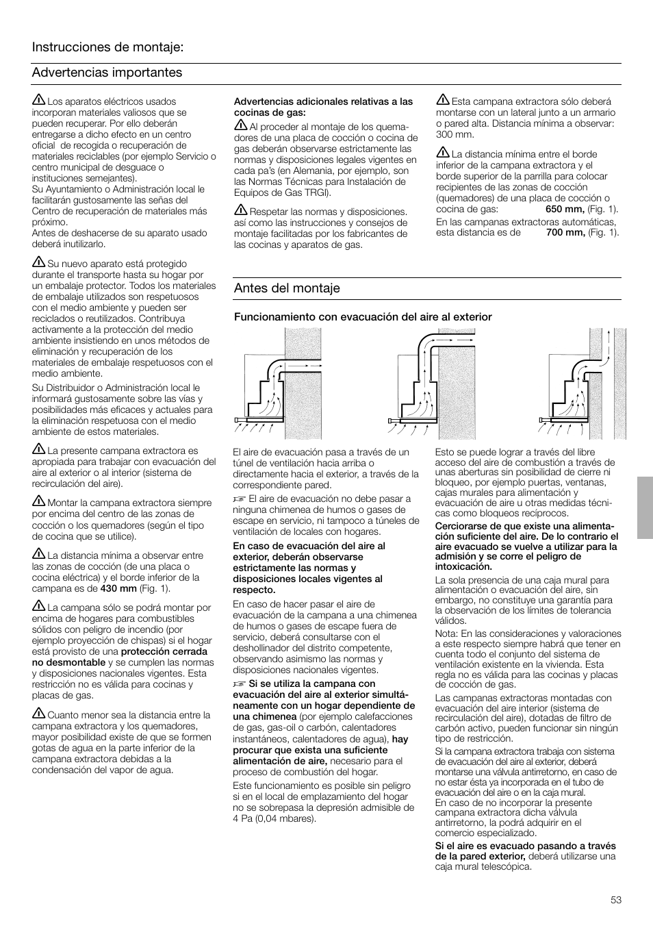 Advertencias importantes, Instrucciones de montaje, Antes del montaje | Bosch DHI665V grau-metallic Flachschirmhaube 60 cm User Manual | Page 53 / 68