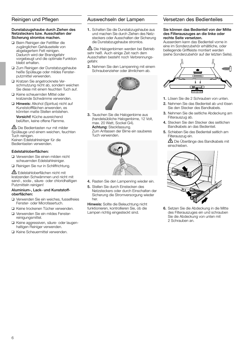 Reinigen und pflegen, Auswechseln der lampen, Versetzen des bedienteiles | Bosch DHI665V grau-metallic Flachschirmhaube 60 cm User Manual | Page 6 / 68