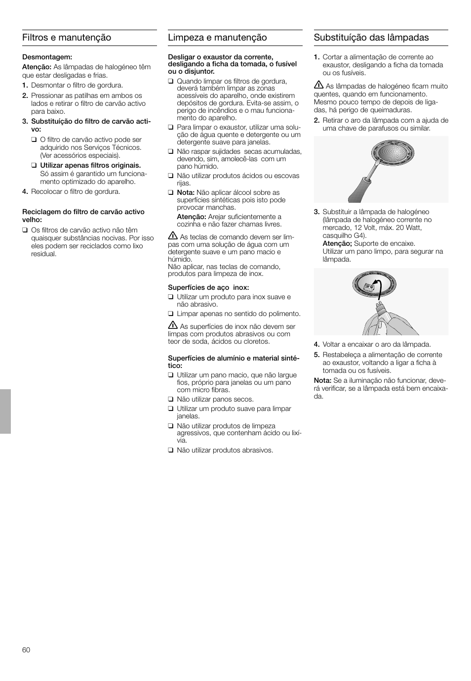 Filtros e manutenção limpeza e manutenção, Substituíção das lâmpadas | Bosch DHI665V grau-metallic Flachschirmhaube 60 cm User Manual | Page 60 / 68