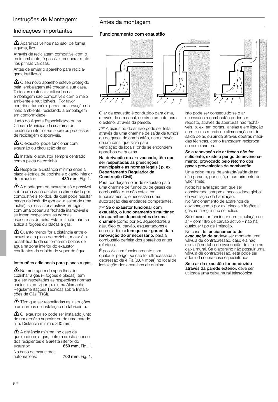 Instruções de montagem: indicações importantes, Antes da montagem | Bosch DHI665V grau-metallic Flachschirmhaube 60 cm User Manual | Page 62 / 68