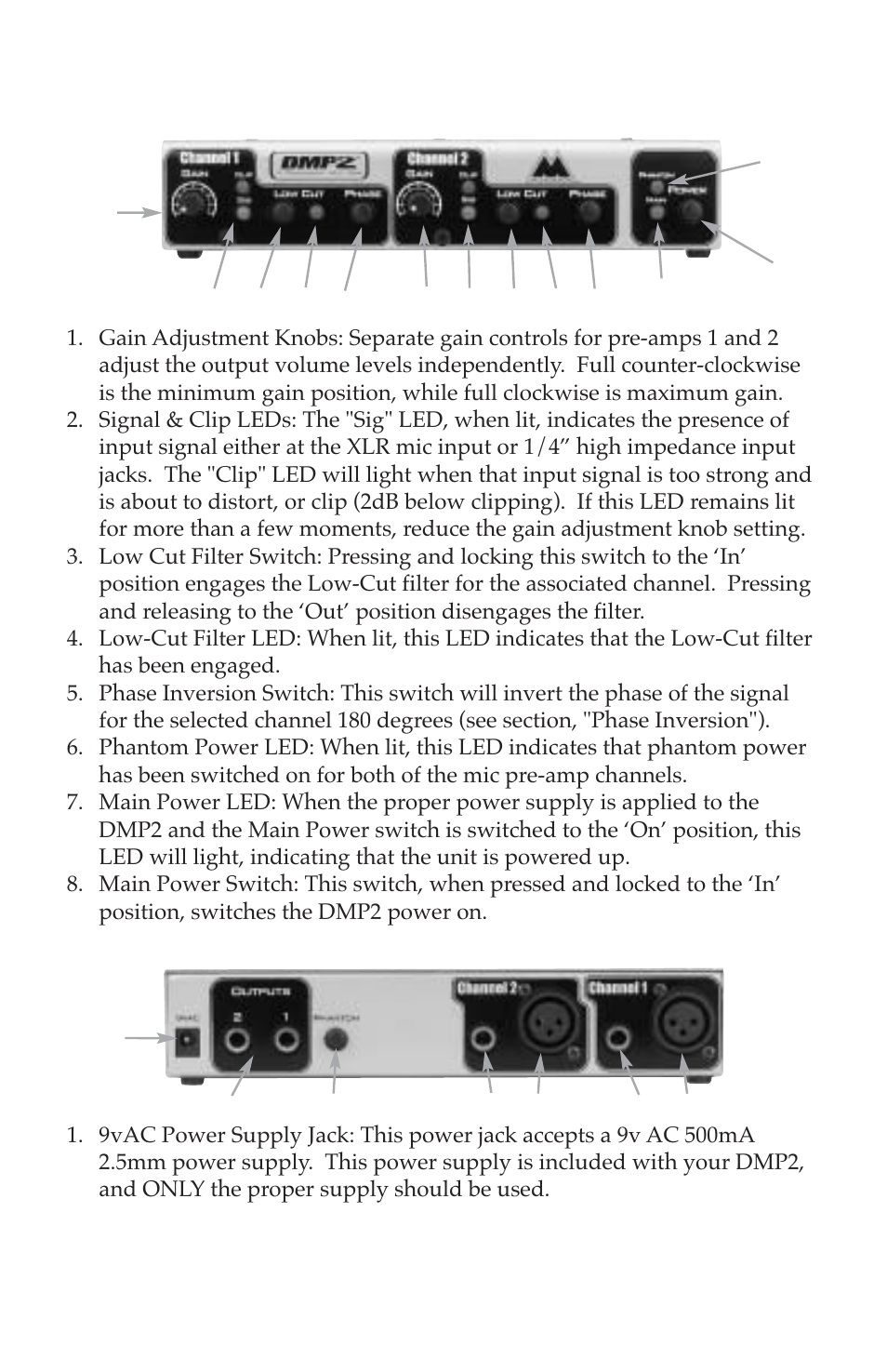 Front & rear panels | M-AUDIO DMP2 User Manual | Page 3 / 8