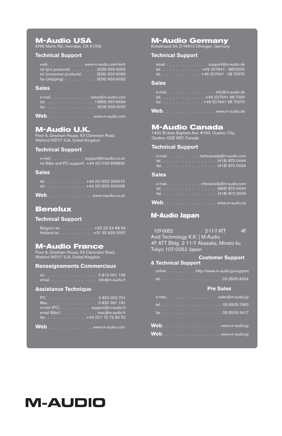 Contact, M-audio usa, M-audio u.k | Benelux, M-audio france, M-audio germany, M-audio canada, M-audio japan | M-AUDIO DMP3 User Manual | Page 10 / 10