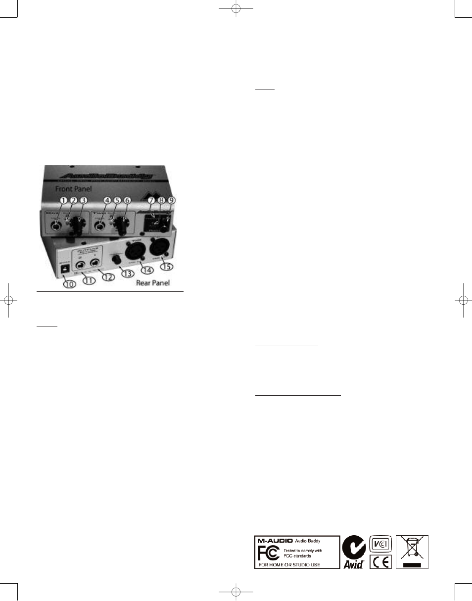 Rear, Front and real panels, Warranty and registration | M-AUDIO Audio Buddy User Manual | Page 5 / 8