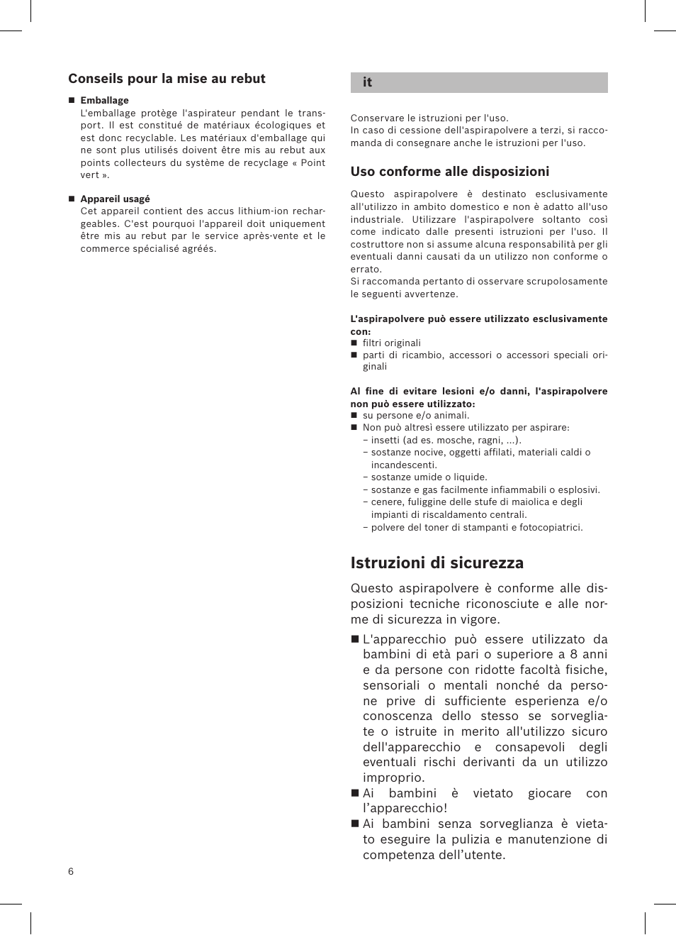 Istruzioni di sicurezza, Conseils pour la mise au rebut, Uso conforme alle disposizioni | Bosch Athlet 252V Kabelloser Handstaubsauger BCH6255N1 dark navy User Manual | Page 7 / 108