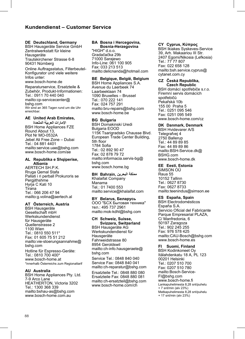 Kundendienst – customer service | Bosch Athlet 252V Kabelloser Handstaubsauger BCH6255N1 dark navy User Manual | Page 89 / 108