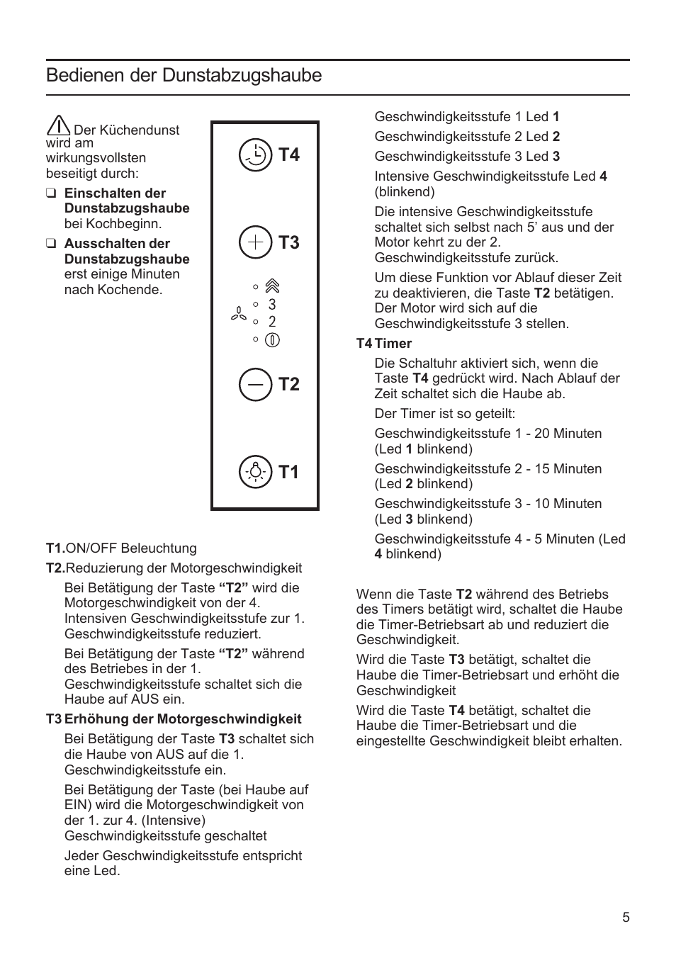 Bedienen der dunstabzugshaube, T1 t2 t3 t4 | Bosch DWK09M760 Vulkan Schwarz Wandesse 90 cm Schräg-Essen-Design User Manual | Page 5 / 40