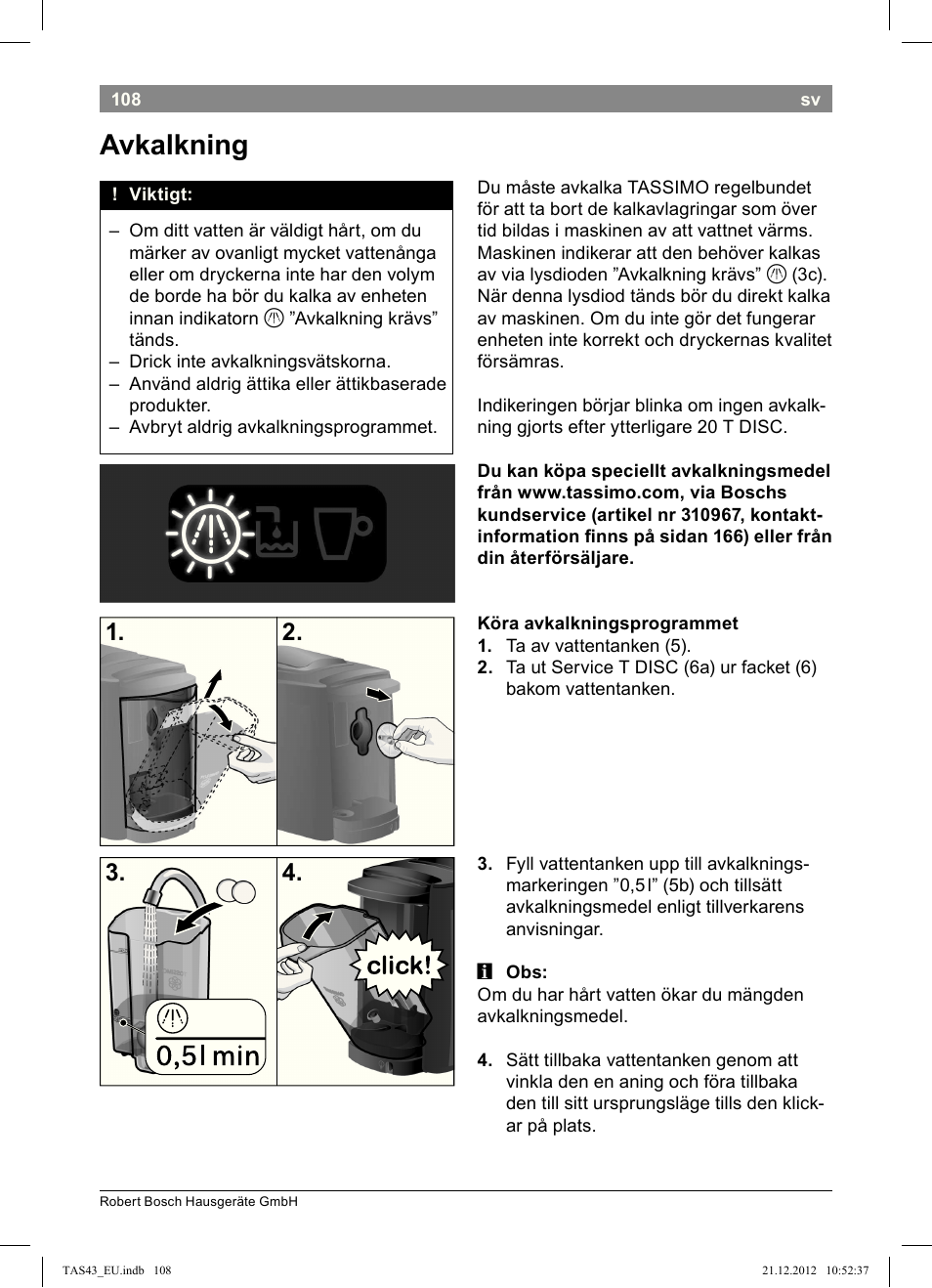 Avkalkning | Bosch Multigetränkesystem clear white anthrazit TAS4304 User Manual | Page 106 / 164