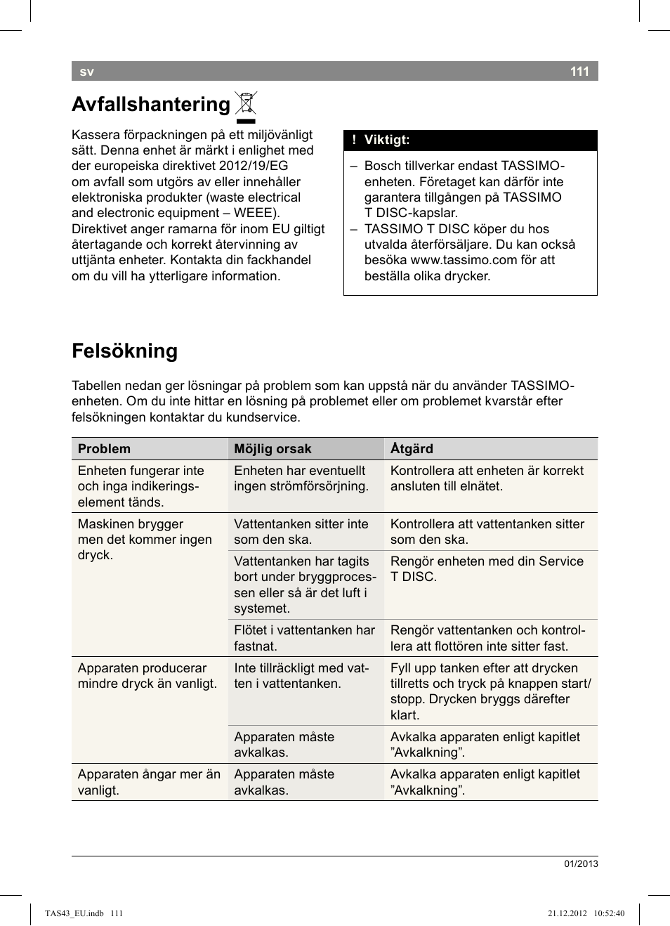 Avfallshantering, Felsökning | Bosch Multigetränkesystem clear white anthrazit TAS4304 User Manual | Page 109 / 164