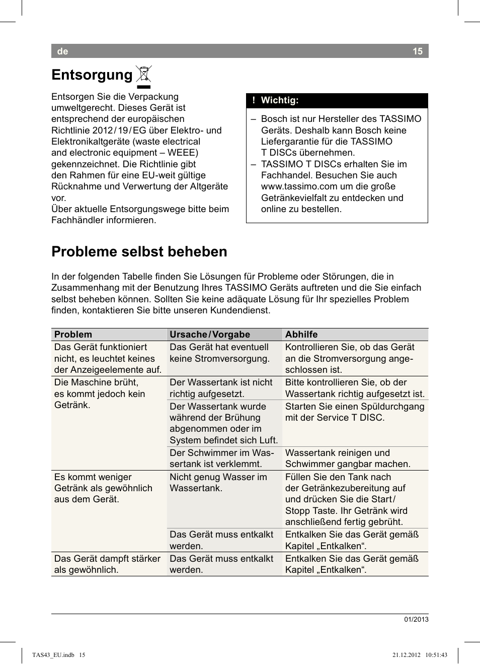 Entsorgung, Probleme!selbst!beheben | Bosch Multigetränkesystem clear white anthrazit TAS4304 User Manual | Page 13 / 164