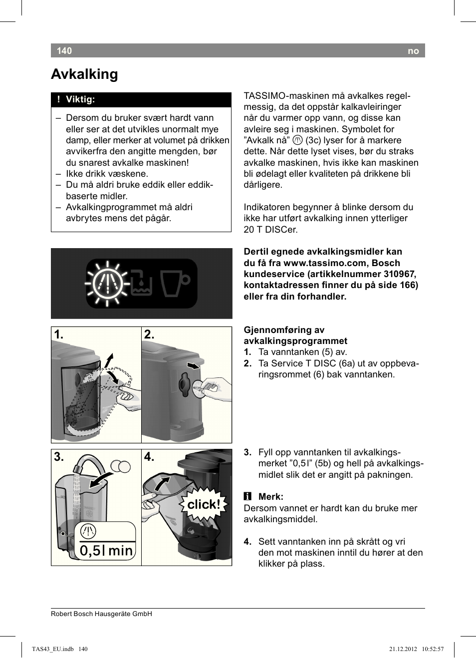 Avkalking | Bosch Multigetränkesystem clear white anthrazit TAS4304 User Manual | Page 138 / 164