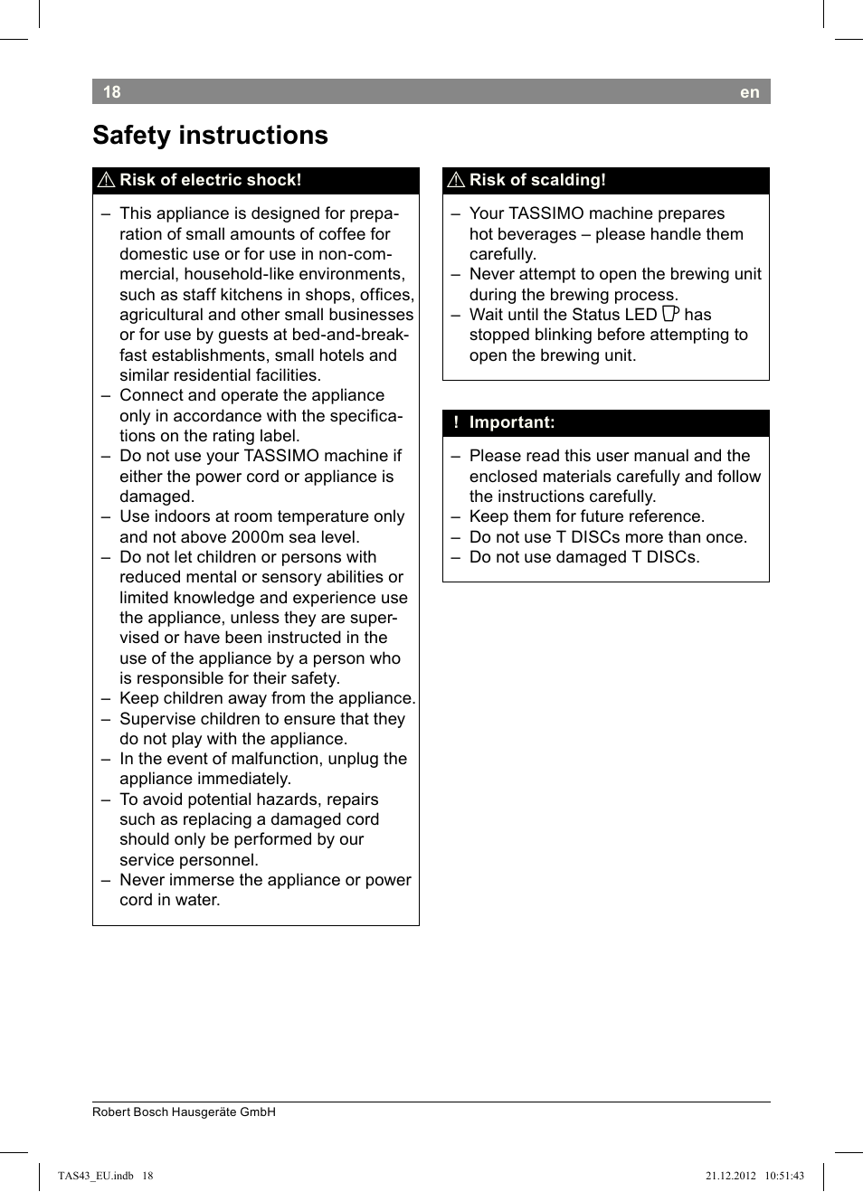 Safety!instructions | Bosch Multigetränkesystem clear white anthrazit TAS4304 User Manual | Page 16 / 164