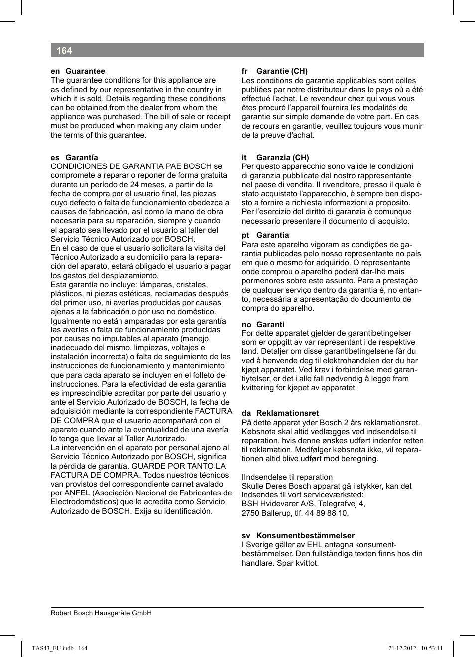 Bosch Multigetränkesystem clear white anthrazit TAS4304 User Manual | Page 162 / 164