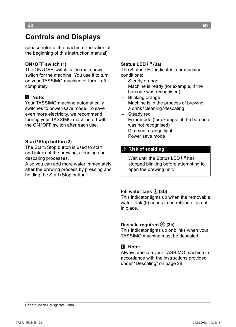 Controls!and!displays | Bosch Multigetränkesystem clear white anthrazit TAS4304 User Manual | Page 20 / 164