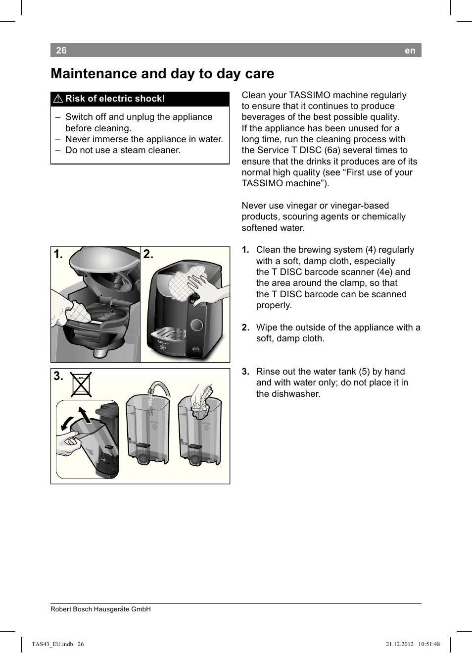Maintenance!and!day!to!day!care | Bosch Multigetränkesystem clear white anthrazit TAS4304 User Manual | Page 24 / 164