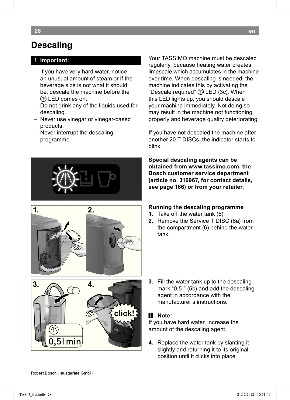 Descaling | Bosch Multigetränkesystem clear white anthrazit TAS4304 User Manual | Page 26 / 164