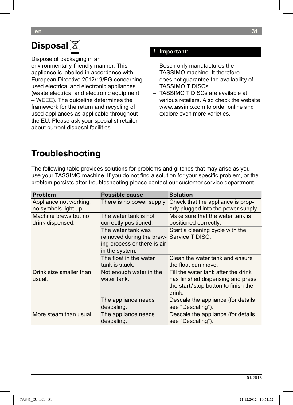 Disposal, Troubleshooting | Bosch Multigetränkesystem clear white anthrazit TAS4304 User Manual | Page 29 / 164