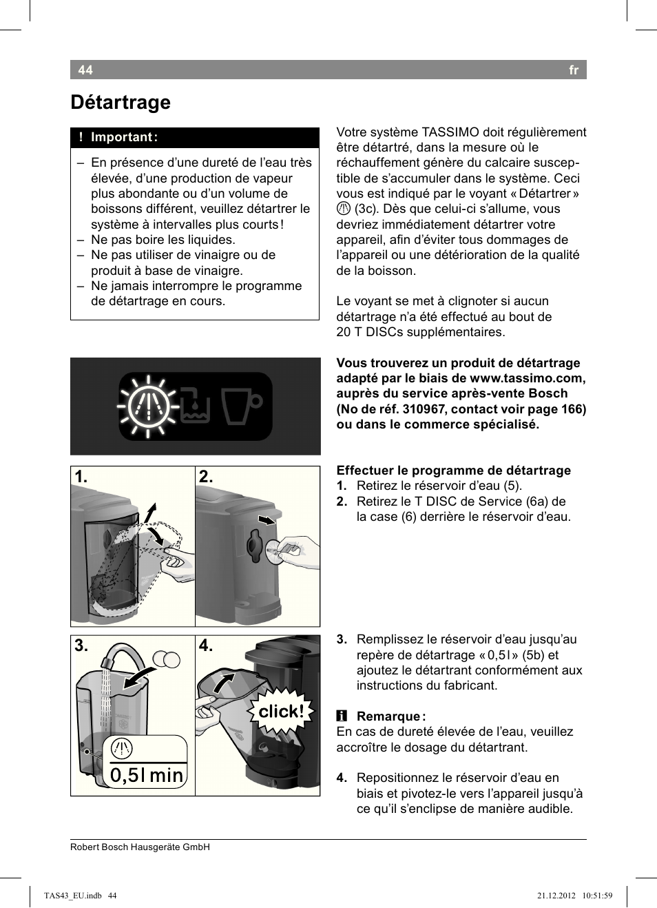 Détartrage | Bosch Multigetränkesystem clear white anthrazit TAS4304 User Manual | Page 42 / 164