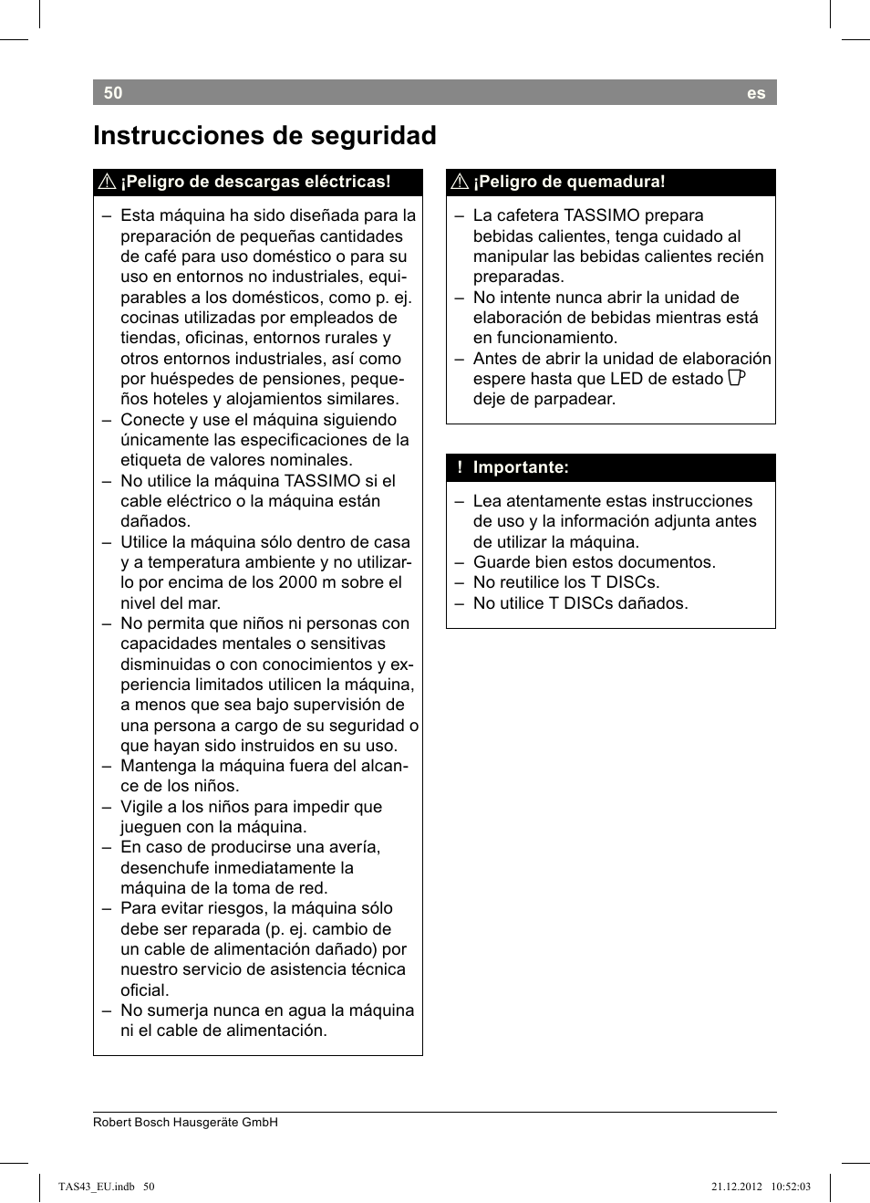 Instrucciones!de!seguridad | Bosch Multigetränkesystem clear white anthrazit TAS4304 User Manual | Page 48 / 164