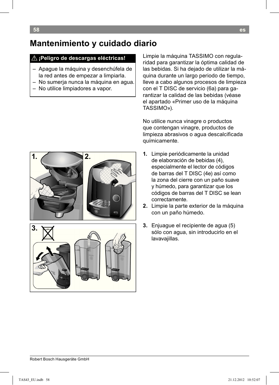 Mantenimiento!y!cuidado!diario | Bosch Multigetränkesystem clear white anthrazit TAS4304 User Manual | Page 56 / 164