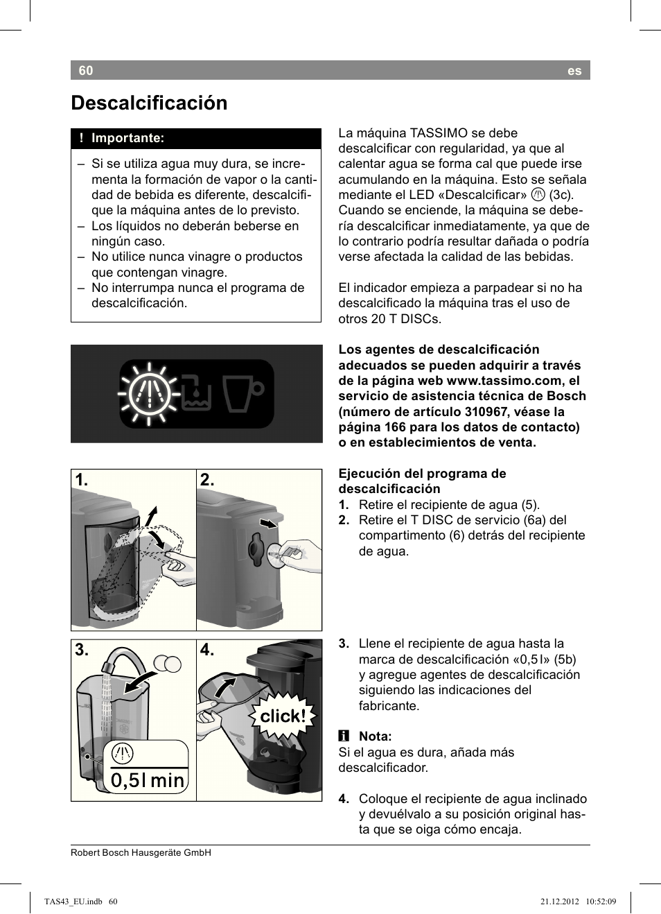 Descalcii!cación | Bosch Multigetränkesystem clear white anthrazit TAS4304 User Manual | Page 58 / 164