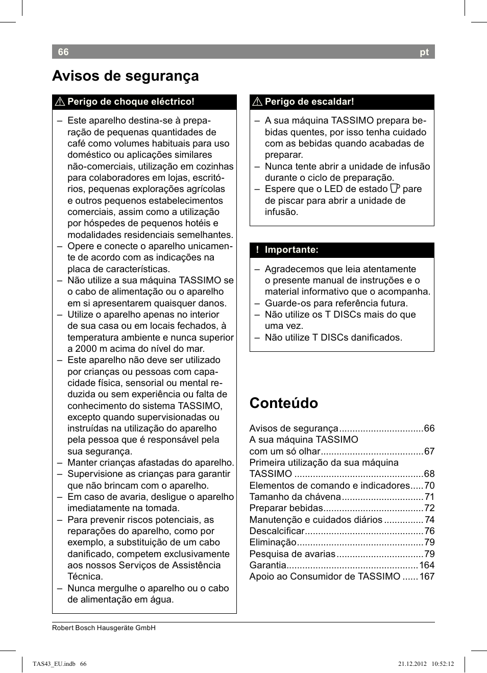 Avisos!de!segurança, Conteúdo | Bosch Multigetränkesystem clear white anthrazit TAS4304 User Manual | Page 64 / 164