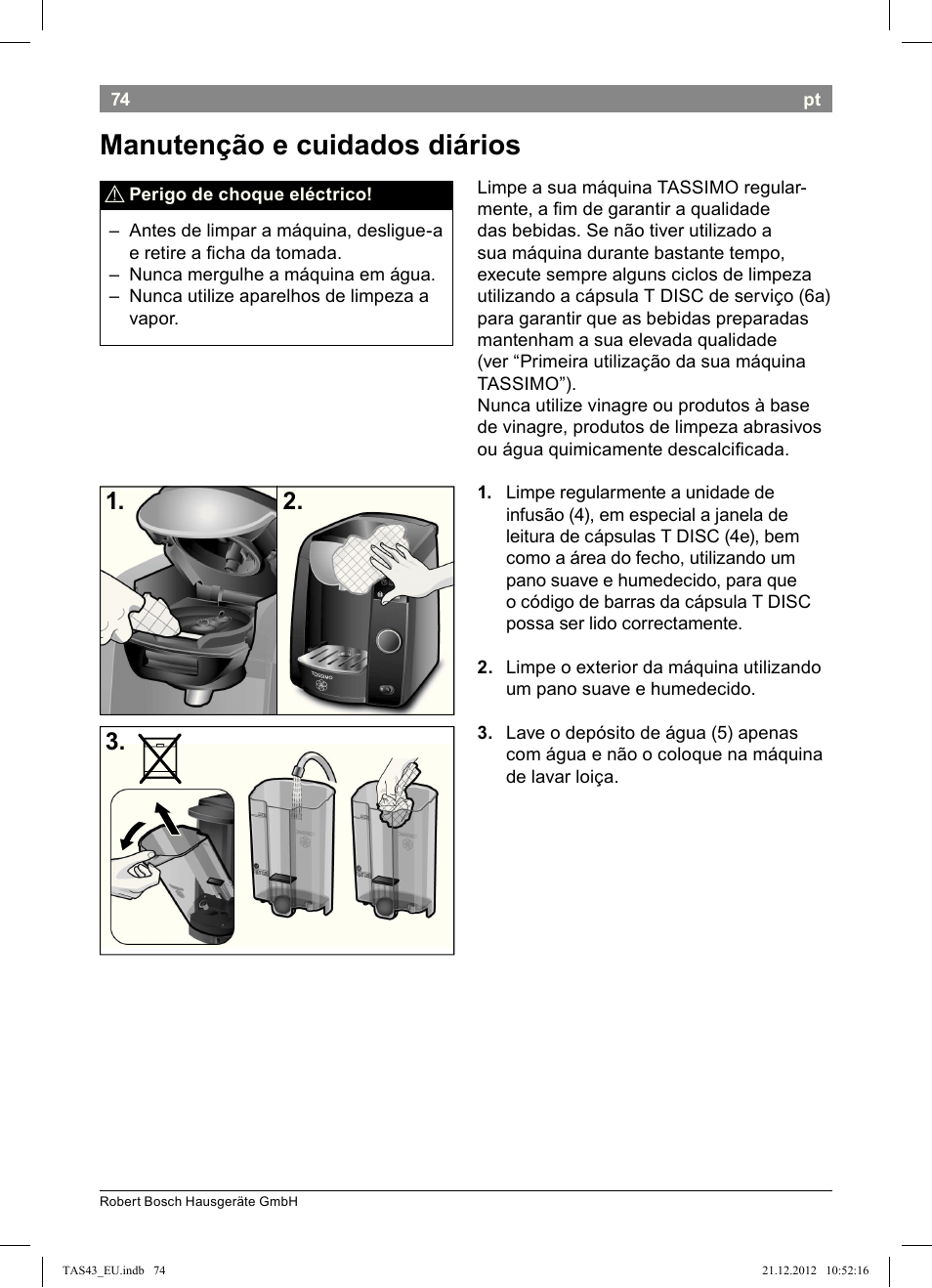 Manutenção!e!cuidados!diários | Bosch Multigetränkesystem clear white anthrazit TAS4304 User Manual | Page 72 / 164